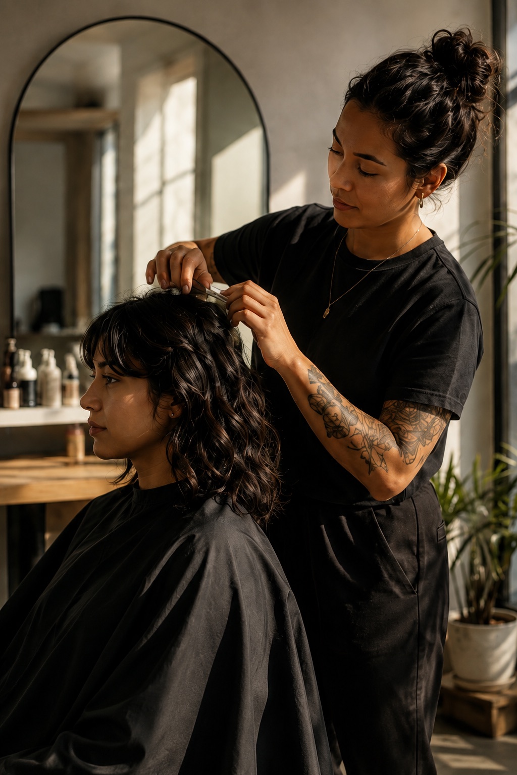 A woman hairstylist tending to another woman’s hair in a warmly lit salon